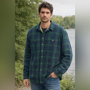 L.L. Bean Men's Plaid Sherpa Lined Flannel Jacket in Green and Navy Men’s Size L